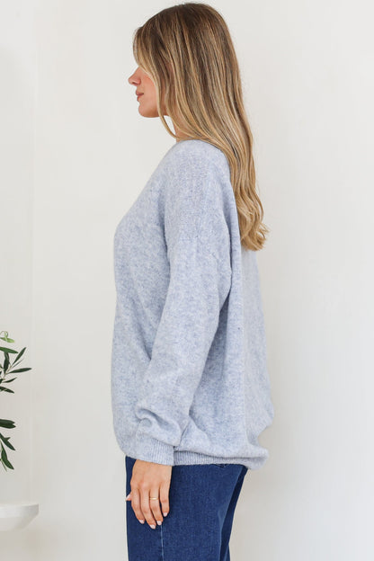 Donoven Jumper - V Neck Lightweight Knit with Ribbed Hemlines in Light Denim Blue