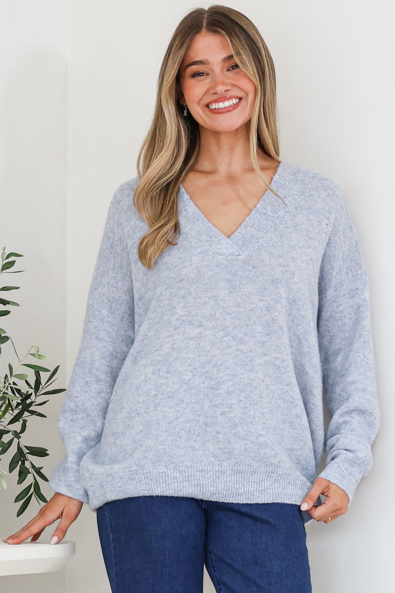 Donoven Jumper - V Neck Lightweight Knit with Ribbed Hemlines in Light Denim Blue