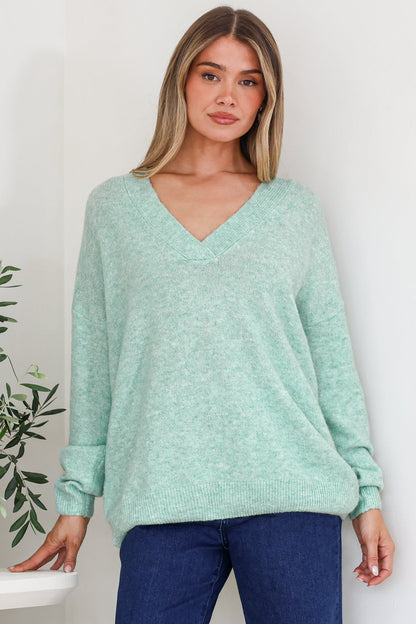 Donoven Jumper - V Neck Lightweight Knit with Ribbed Hemlines in Light Green