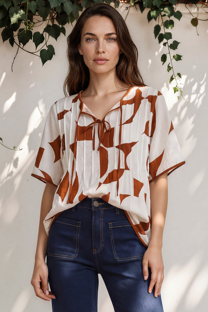 Druitt Top - Round Neck Pleated Bodice Pull Over with Double Neck Tie in Oasis Print