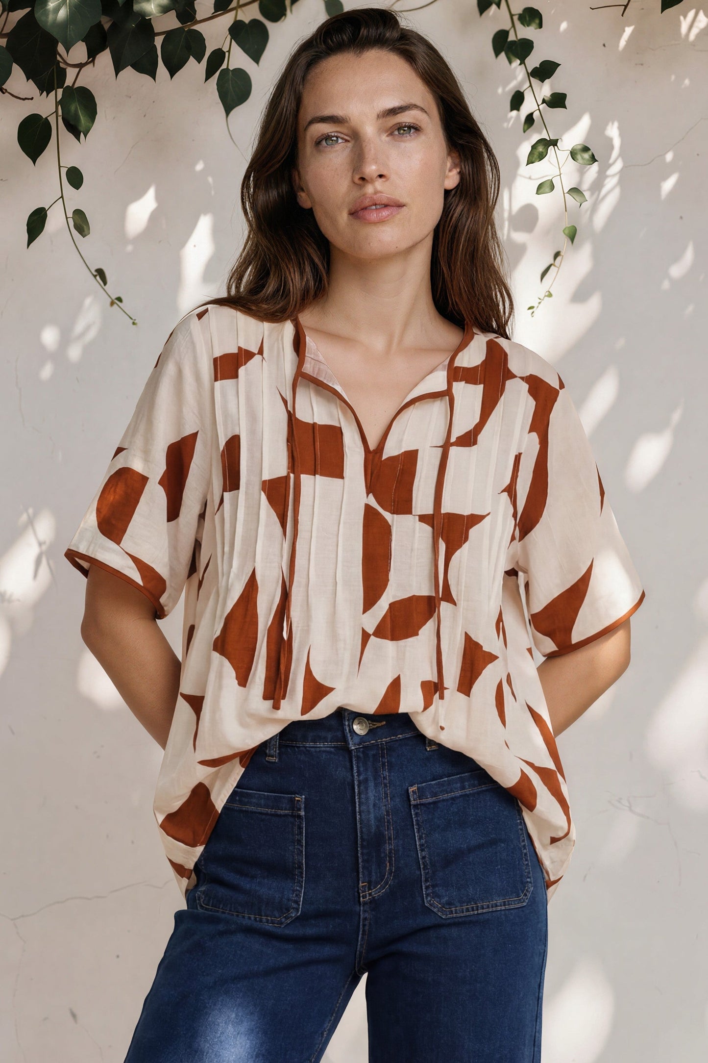 Druitt Top - Round Neck Pleated Bodice Pull Over with Double Neck Tie in Oasis Print