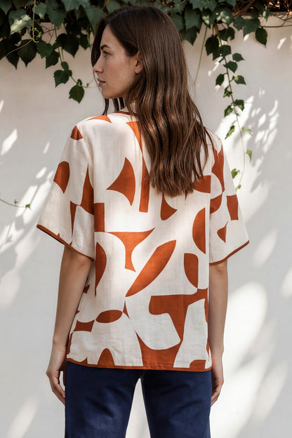 Druitt Top - Round Neck Pleated Bodice Pull Over with Double Neck Tie in Oasis Print