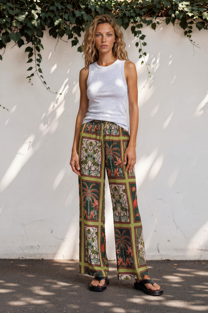 Dulcina Pants - High Waisted Straight Leg Graphic Print Pants in Tropical Rodeo Print