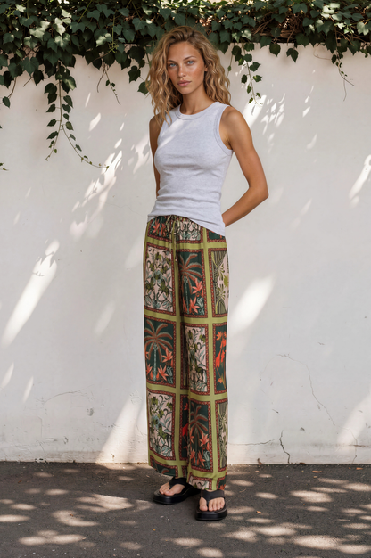 Dulcina Pants - High Waisted Straight Leg Graphic Print Pants in Tropical Rodeo Print