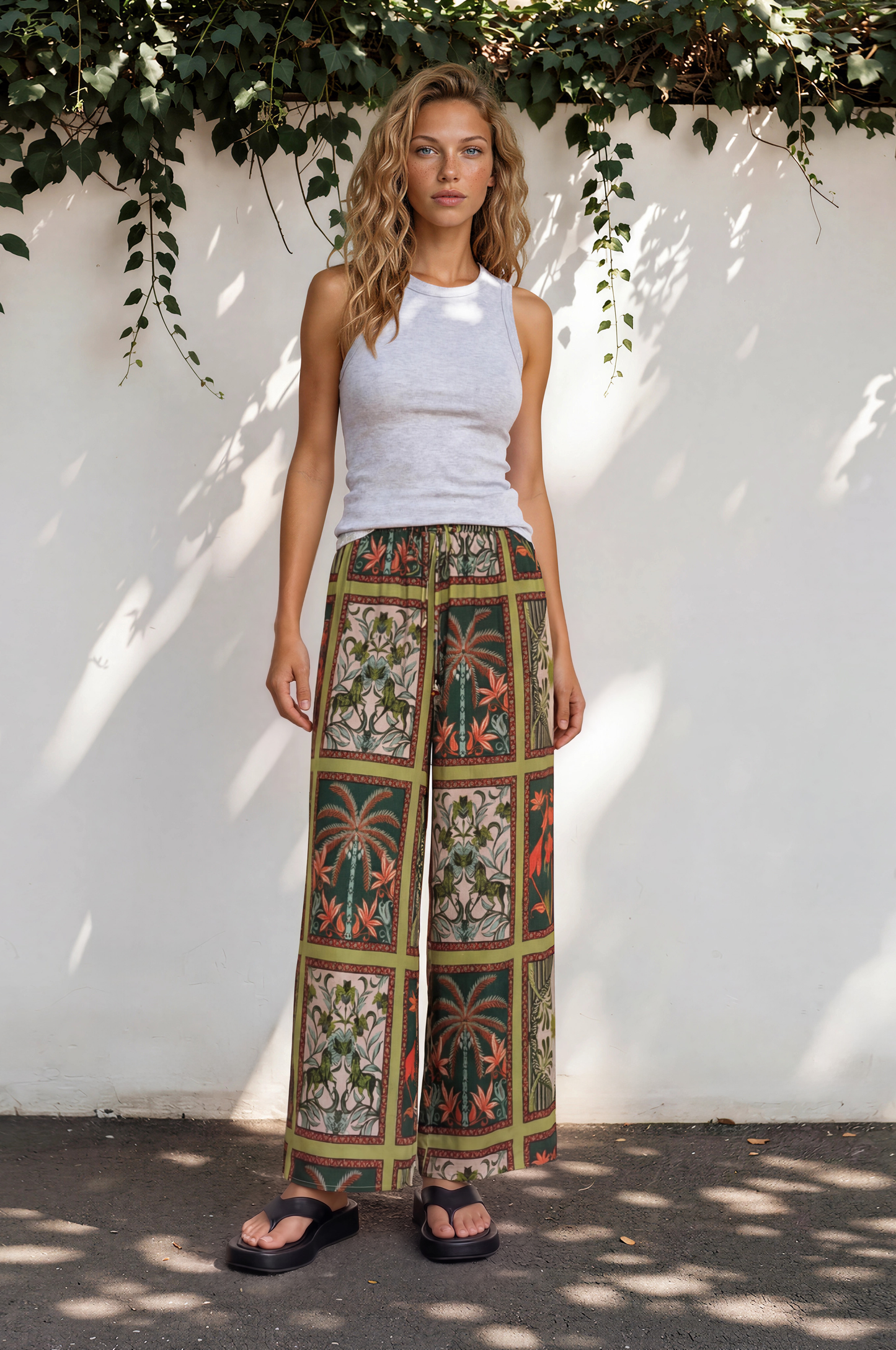 Dulcina Pants - High Waisted Straight Leg Graphic Print Pants in Tropical Rodeo Print