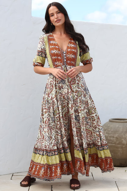 JAASE - Ebony Maxi Dress: V Neck Pull Tie Waist Dress with Front Split in Oakie Print