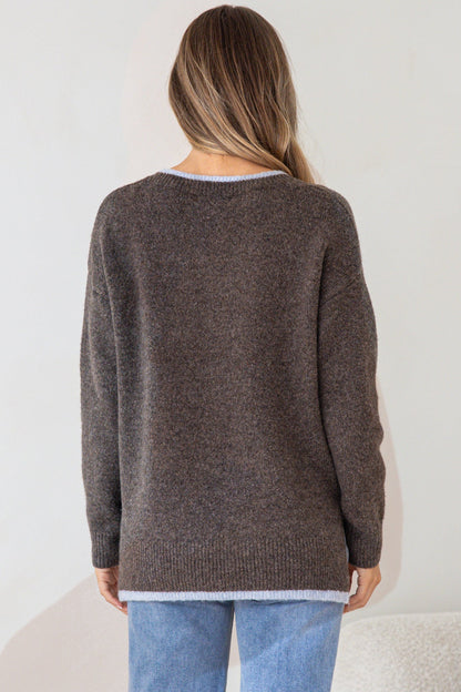 Edan Jumper - V-Neck Contrast Trim Step Hem Jumper in Chocolate