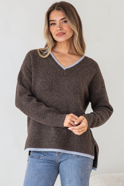 Edan Jumper - V-Neck Contrast Trim Step Hem Jumper in Chocolate