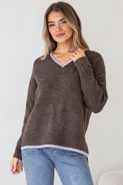 Edan Jumper - V-Neck Contrast Trim Step Hem Jumper in Chocolate