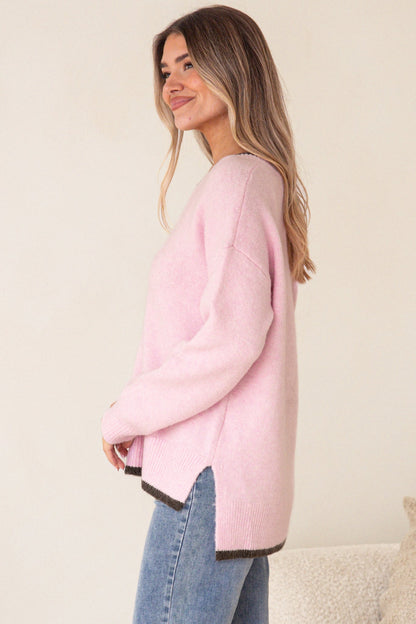 Edan Jumper - V-Neck Contrast Trim Step Hem Jumper in Pink
