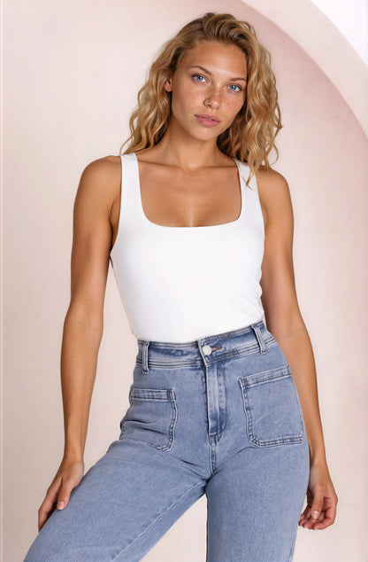 Edie Singlet - Square Neckline Double Layered Singlet in White