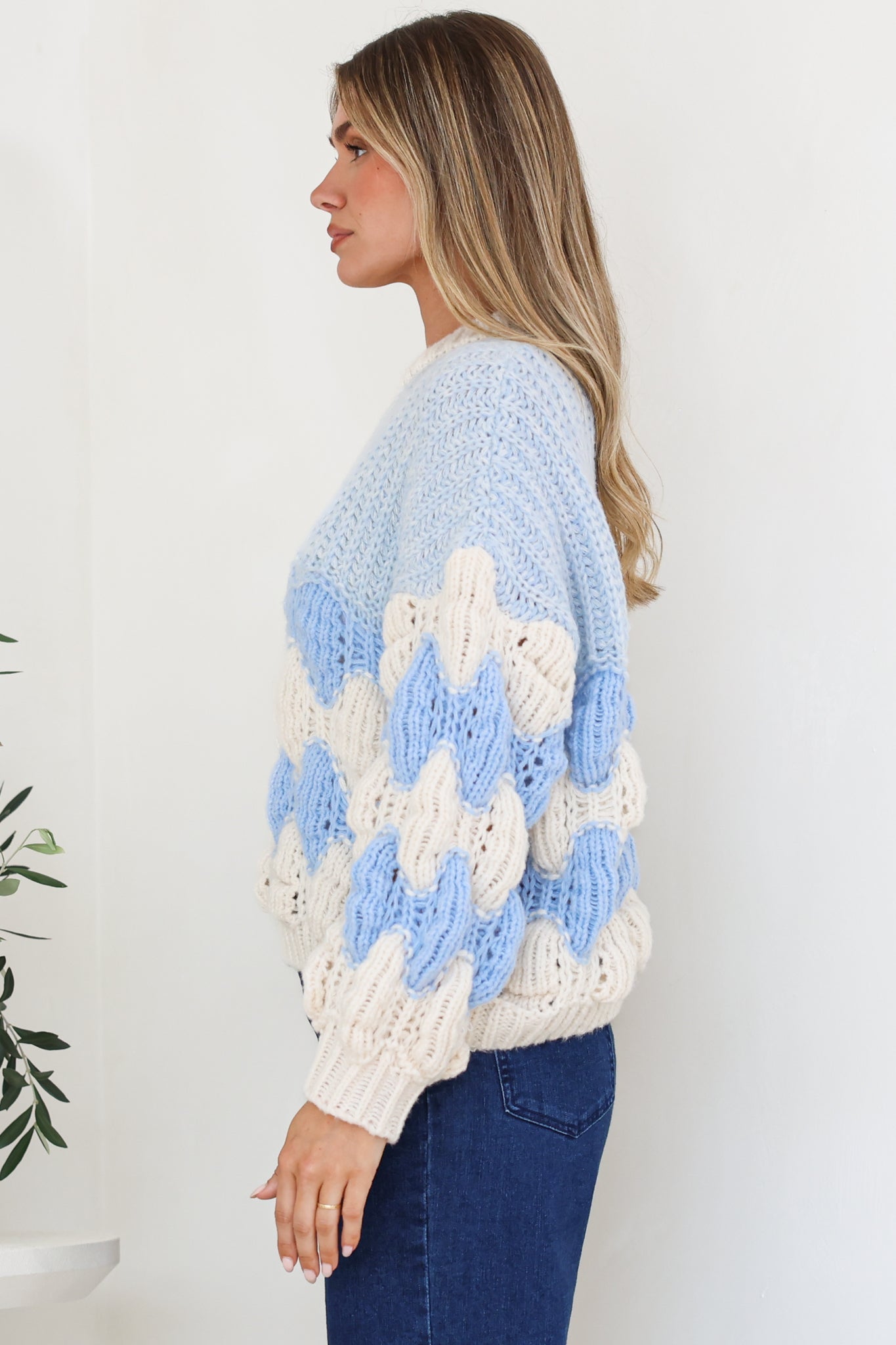 Eleanora Jumper - Crew Neck Bubble Sleeve Stripe Knit Jumper in Blue