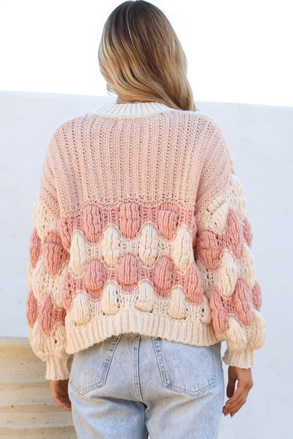 Eleanora Jumper - Crew Neck Bubble Sleeve Stripe Knit Jumper in Pink