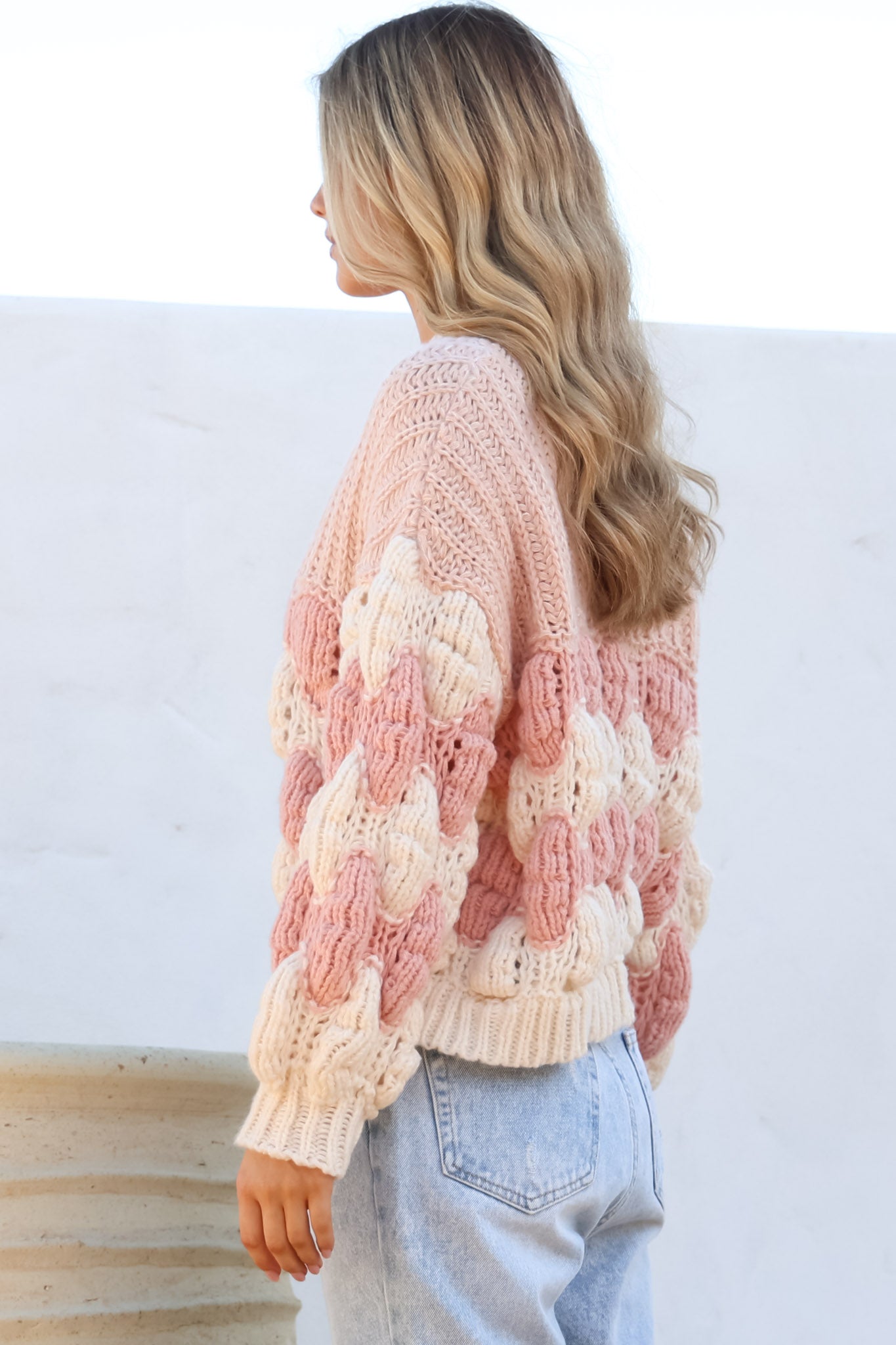 Eleanora Jumper - Crew Neck Bubble Sleeve Stripe Knit Jumper in Pink