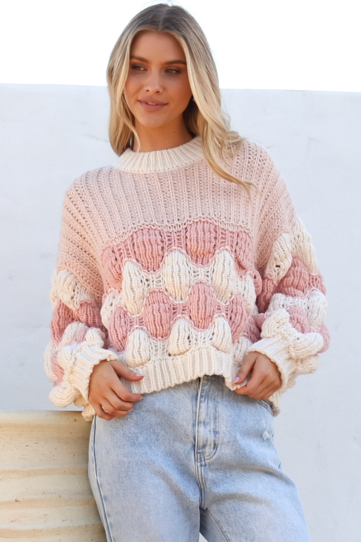 Eleanora Jumper - Crew Neck Bubble Sleeve Stripe Knit Jumper in Pink