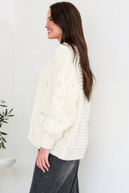 Elias Cardigan - Open Front Thick Cable Knit with Pockets in Cream