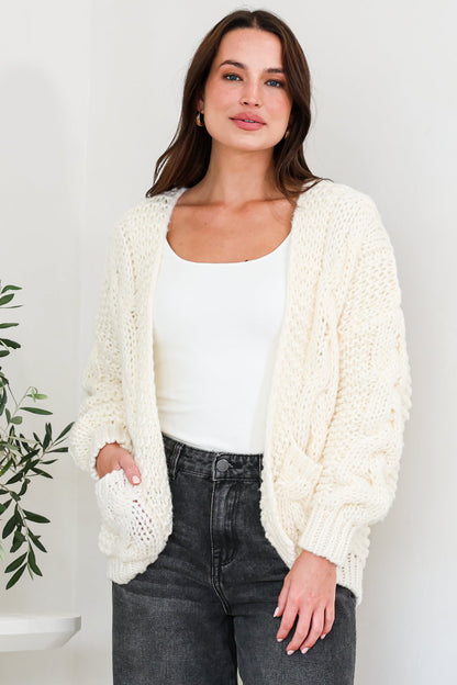 Elias Cardigan - Open Front Thick Cable Knit with Pockets in Cream
