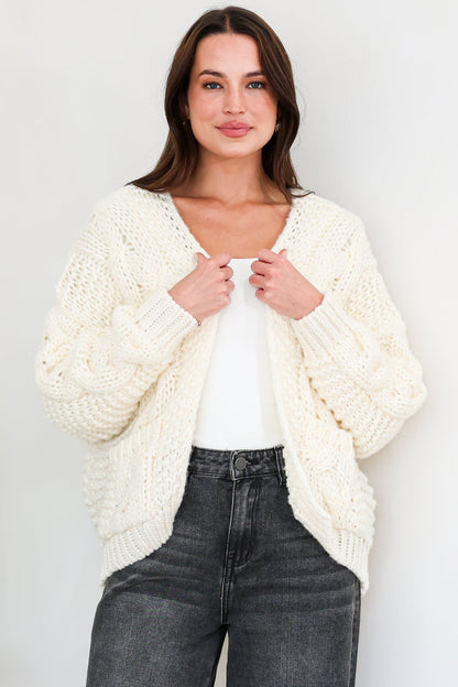 Elias Cardigan - Open Front Thick Cable Knit with Pockets in Cream