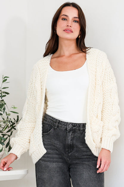 Elias Cardigan - Open Front Thick Cable Knit with Pockets in Cream