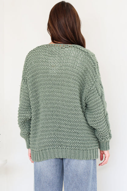 Elias Cardigan - Open Front Thick Cable Knit with Pockets in Sage