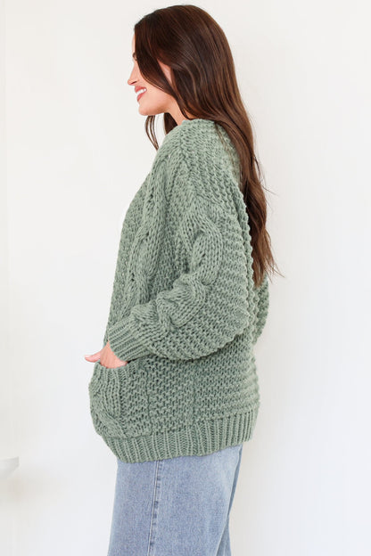 Elias Cardigan - Open Front Thick Cable Knit with Pockets in Sage