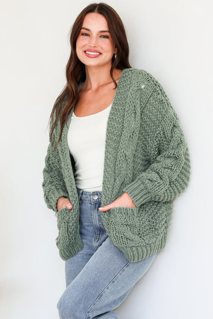 Elias Cardigan - Open Front Thick Cable Knit with Pockets in Sage