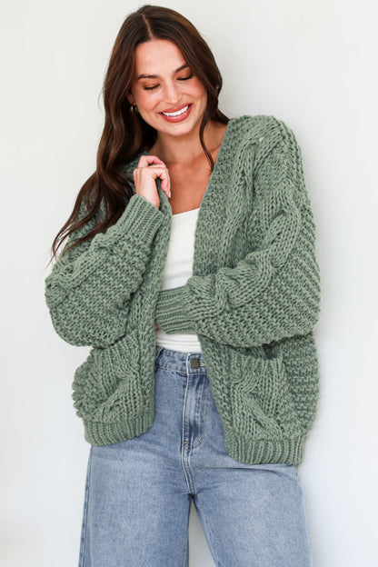 Elias Cardigan - Open Front Thick Cable Knit with Pockets in Sage