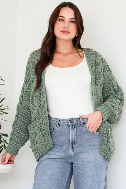 Elias Cardigan - Open Front Thick Cable Knit with Pockets in Sage