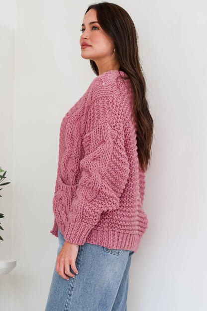 Elias Cardigan - Open Front Thick Cable Knit with Pockets in Pink
