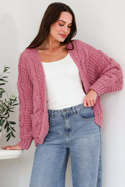 Elias Cardigan - Open Front Thick Cable Knit with Pockets in Pink