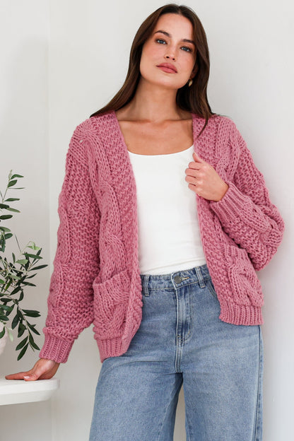 Elias Cardigan - Open Front Thick Cable Knit with Pockets in Pink