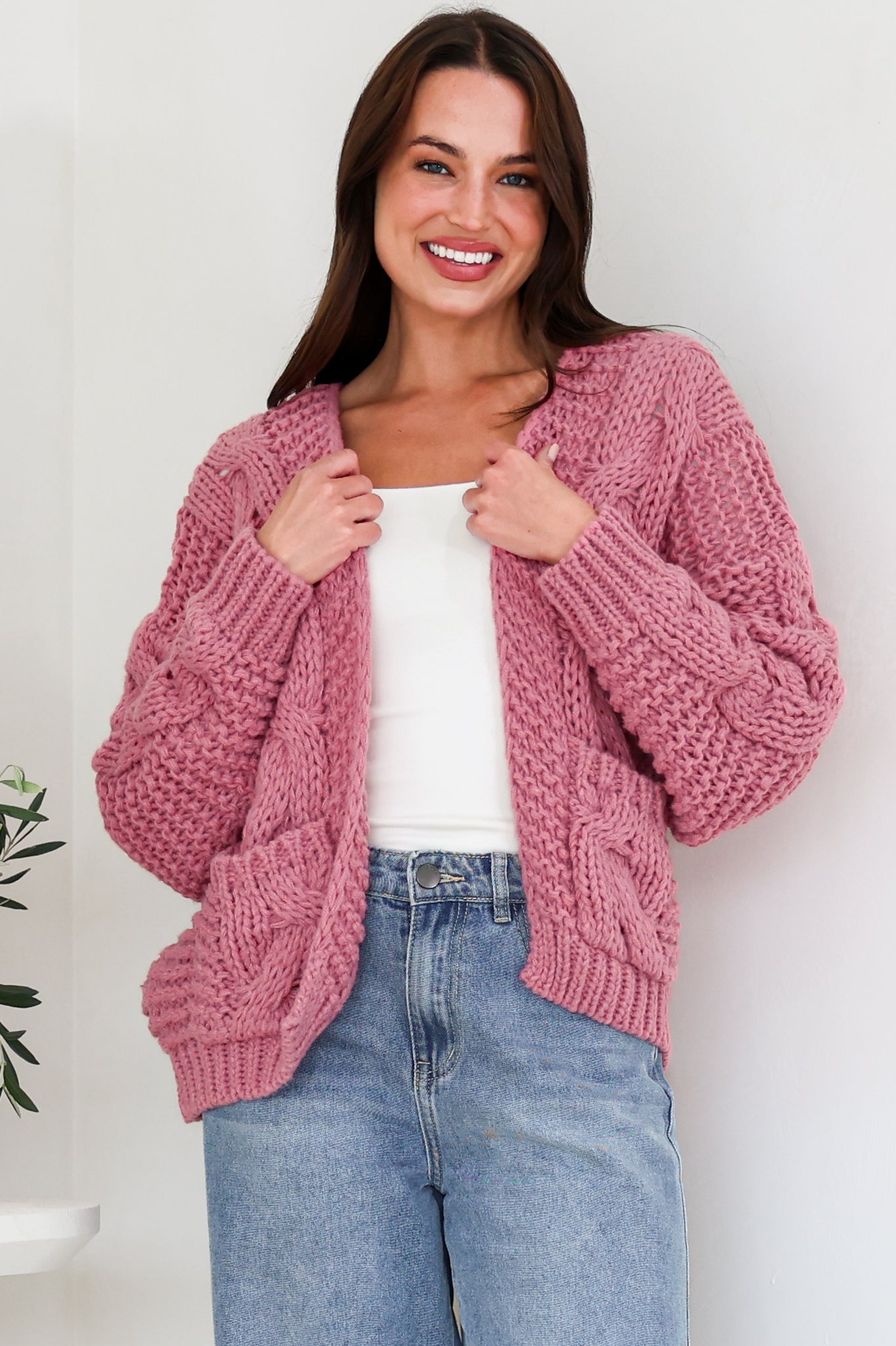 Elias Cardigan - Open Front Thick Cable Knit with Pockets in Pink