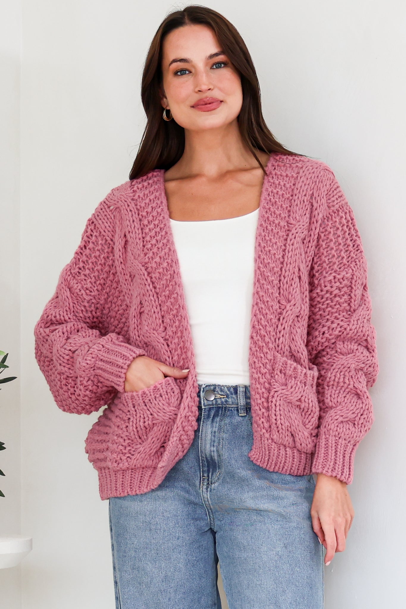 Elias Cardigan - Open Front Thick Cable Knit with Pockets in Pink