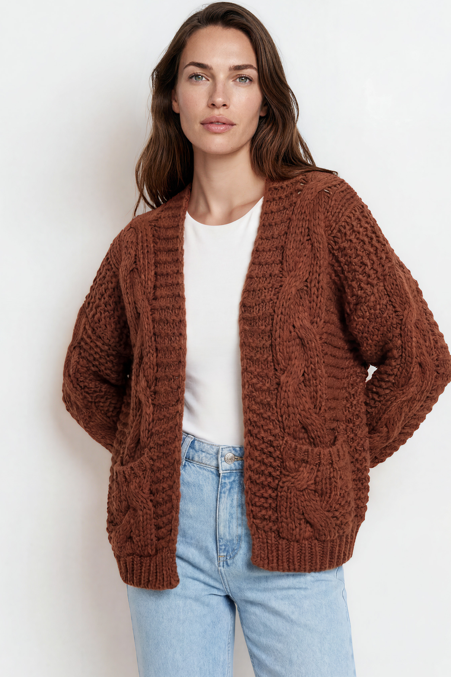 Elias Cardigan - Open Front Thick Cable Knit with Pockets in Brown
