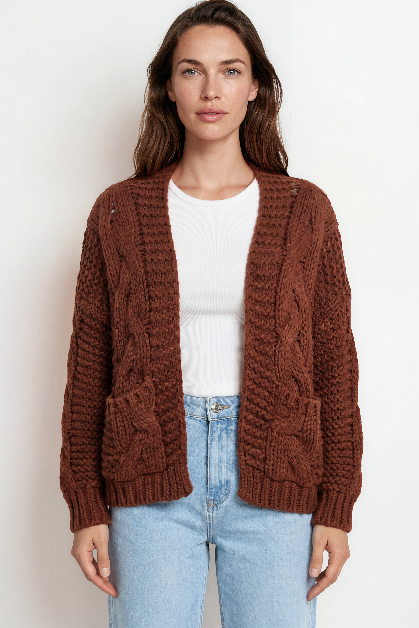 Elias Cardigan - Open Front Thick Cable Knit with Pockets in Brown