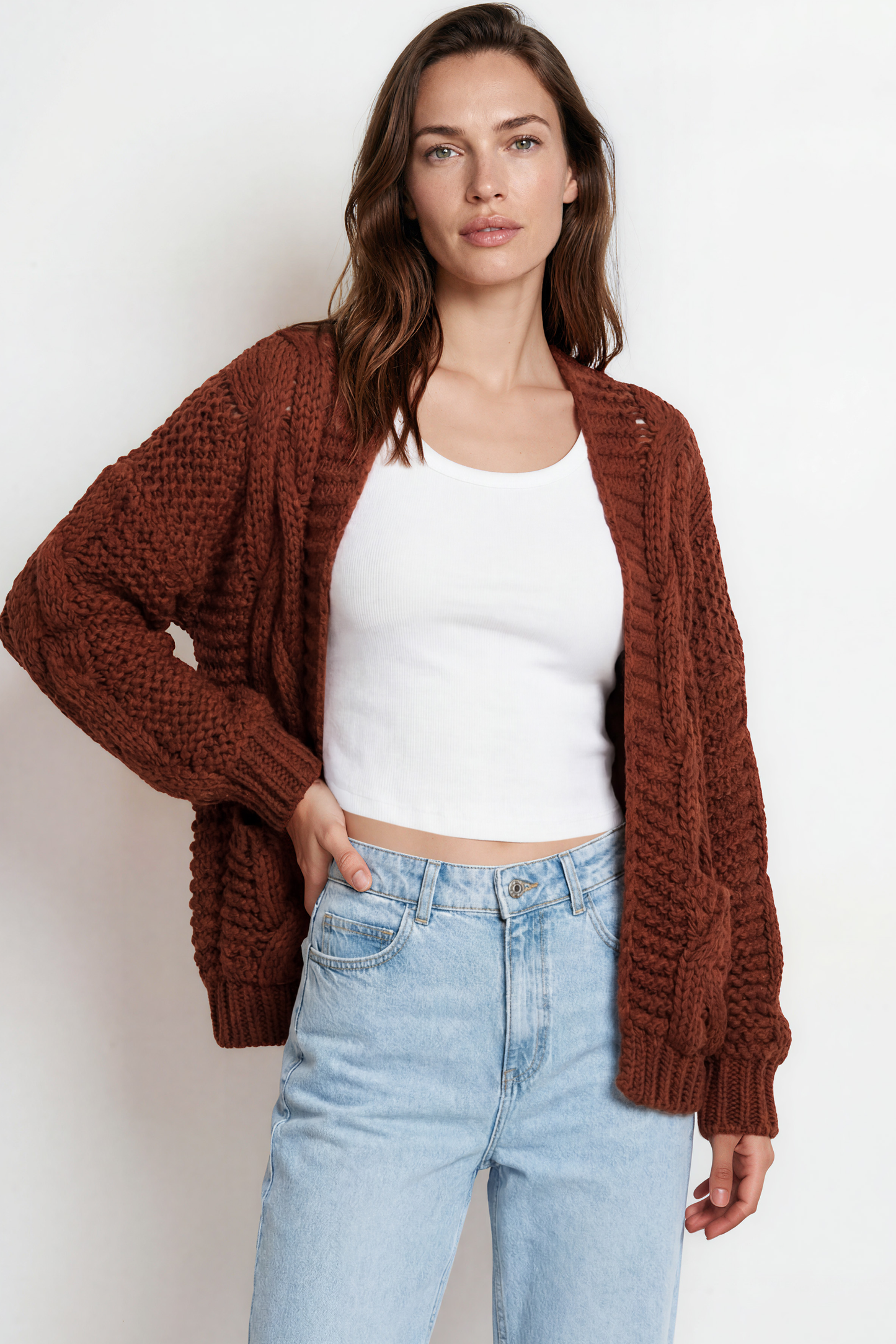 Elias Cardigan - Open Front Thick Cable Knit with Pockets in Brown