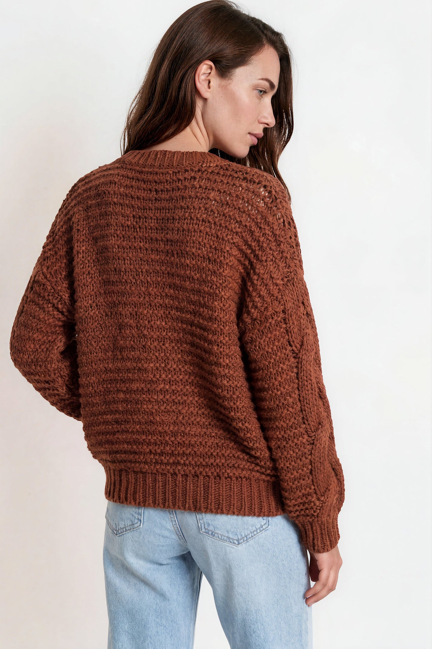 Elias Cardigan - Open Front Thick Cable Knit with Pockets in Brown