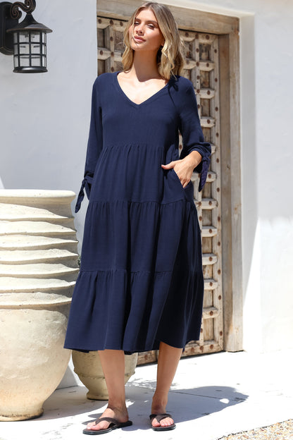 Elisabette Midi Dress - V-Neck Tiered Linen Dress with 3/4 Tie Cuff Sleeves in Navy