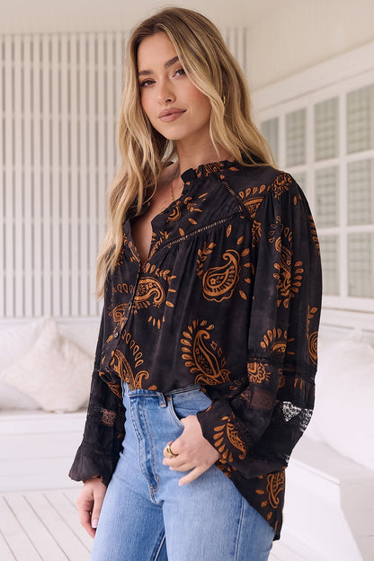 JAASE - Eliza Blouse: Frill Collar Button Down Lace Detailed Blouse in Milan Print