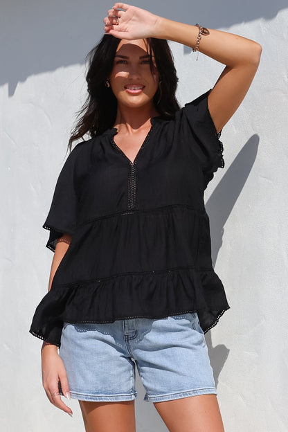 Ellery Top - Mandarin Collar Smock Top with Ladder Lace Insert Splicing in Black