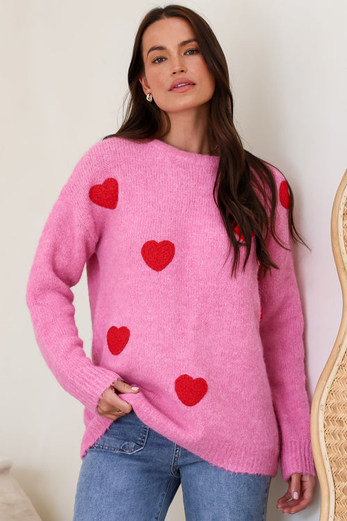 Ellie Jumper - Crew Neck Pull Over Contrast Heart Print Knit in Pink