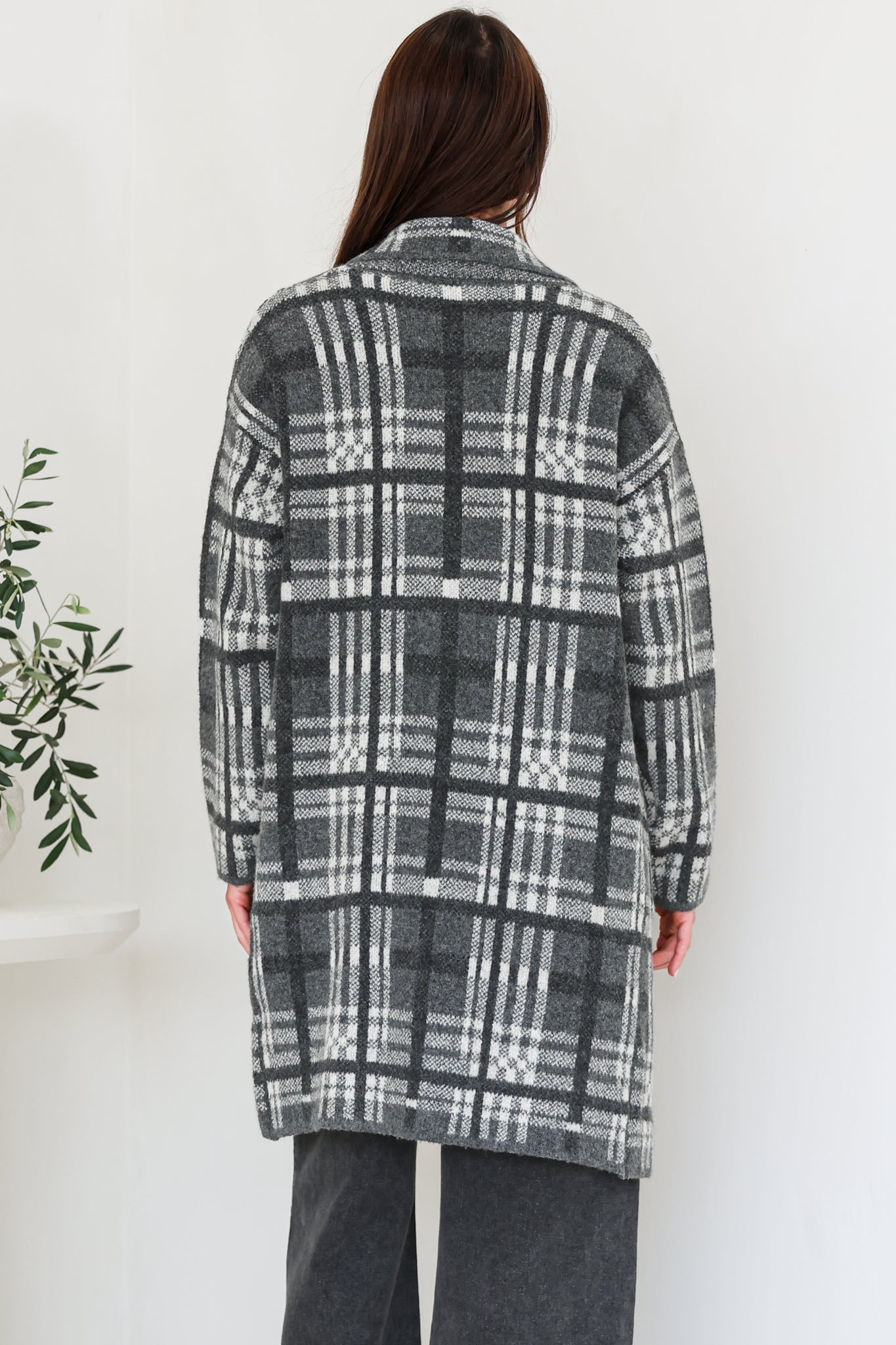 Ellington Cardigan - Lapel Collar Checkered Knit with Pockets in Grey