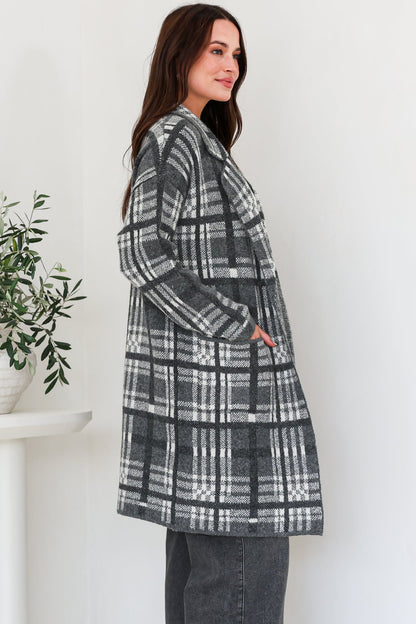 Ellington Cardigan - Lapel Collar Checkered Knit with Pockets in Grey