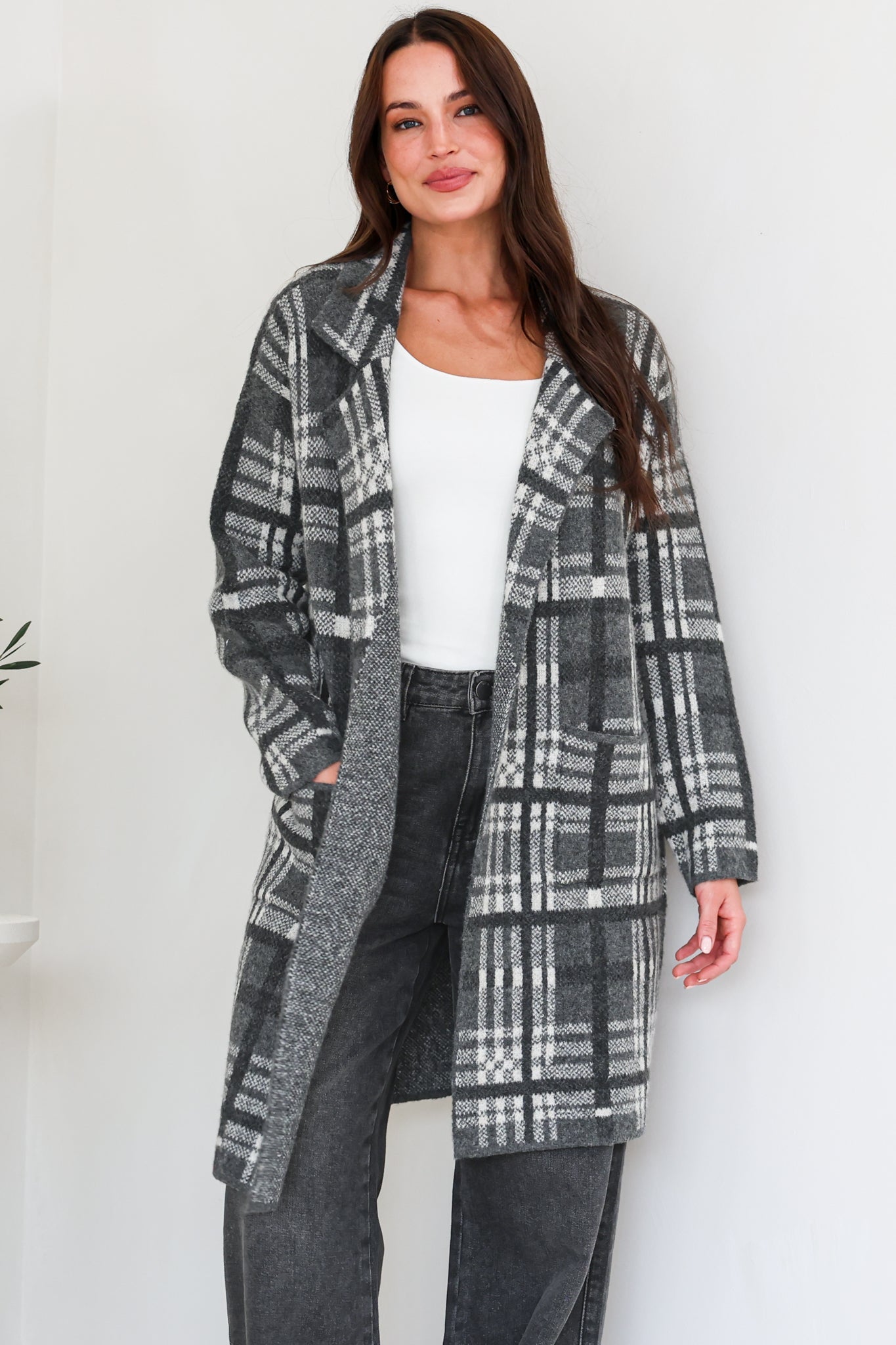 Ellington Cardigan - Lapel Collar Checkered Knit with Pockets in Grey