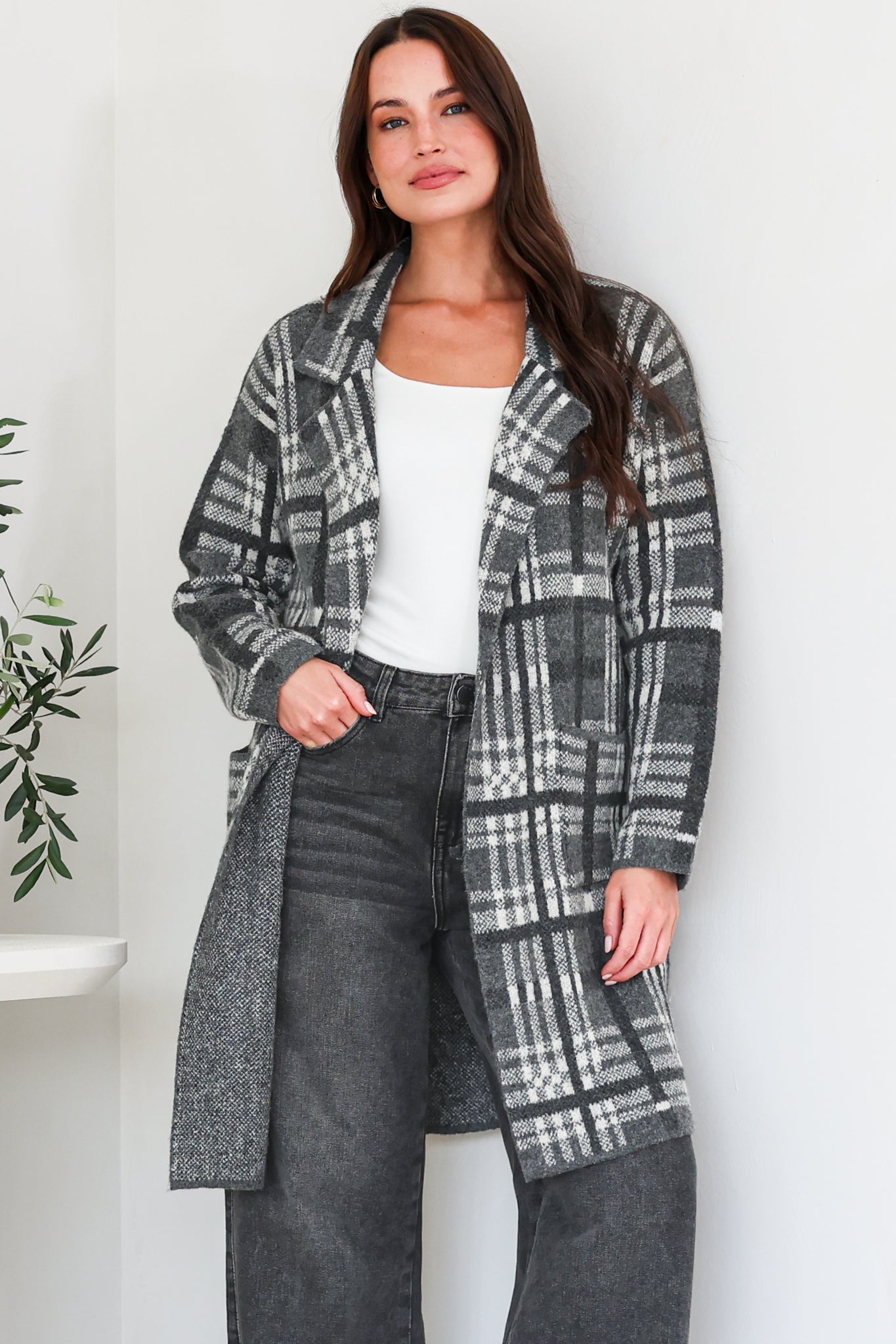Ellington Cardigan - Lapel Collar Checkered Knit with Pockets in Grey