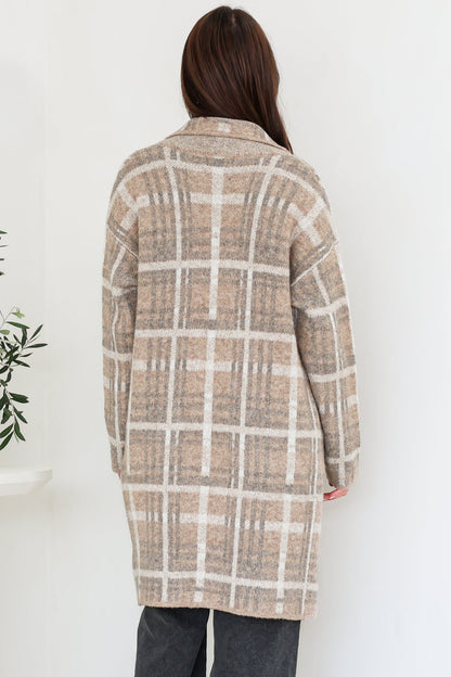 Ellington Cardigan - Lapel Collar Checkered Knit with Pockets in Taupe