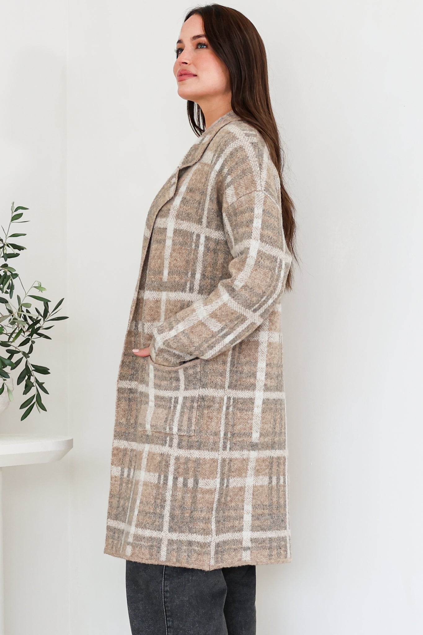 Ellington Cardigan - Lapel Collar Checkered Knit with Pockets in Taupe
