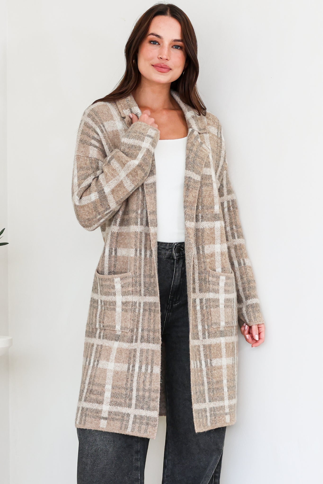 Ellington Cardigan - Lapel Collar Checkered Knit with Pockets in Taupe