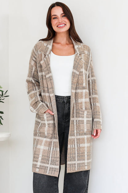 Ellington Cardigan - Lapel Collar Checkered Knit with Pockets in Taupe