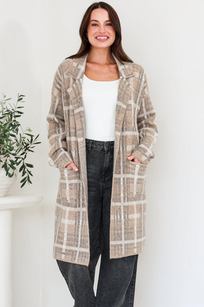 Ellington Cardigan - Lapel Collar Checkered Knit with Pockets in Taupe